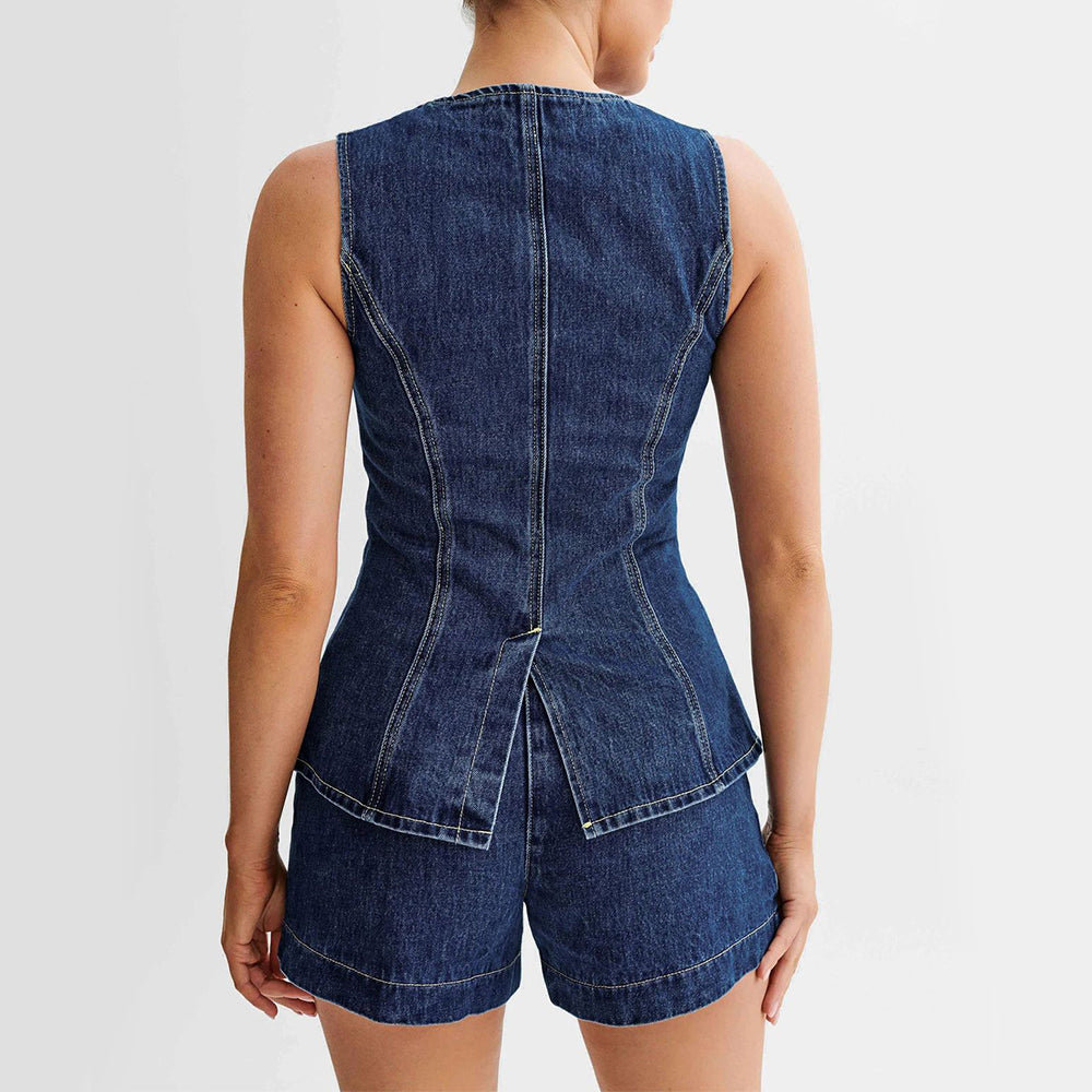 Women’s Denim Top And Shorts Bottoms Jeans-Denim Set | Sleeveless | Casual | Summer