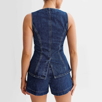 Women’s Denim Top And Shorts Bottoms Jeans-Denim Set | Sleeveless | Casual | Summer
