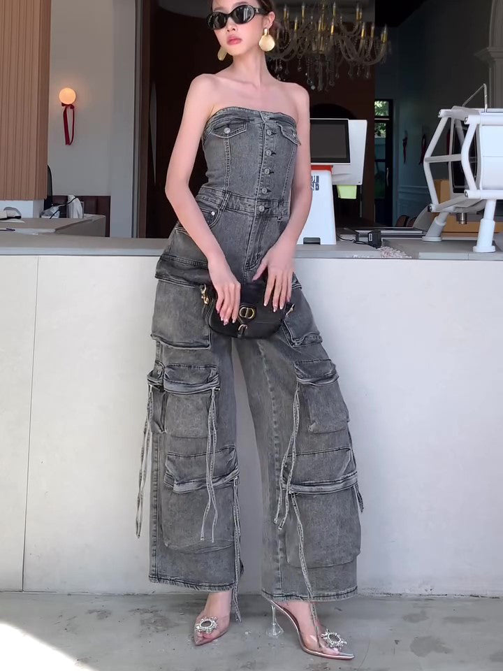 Women’s Denim Tube Jumpsuit | Strapless | Single Breasted | Chic