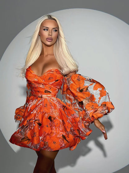 Women’s Floral Off Shoulder Mini Dress | Lantern Sleeve | Elegant | Chic