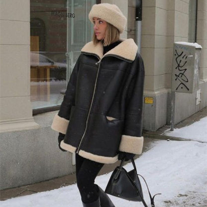 Women’s Leather Coat Outerwear | Fur Collar | Cashmere | Elegant
