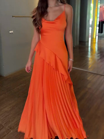 Women’s Pleated Ruffled Backless Maxi Dress | Orange | Elegant | Party