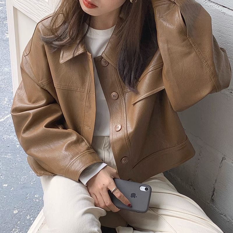 Women’s PU Leather Coat Outerwear | Brown | Casual | Chic