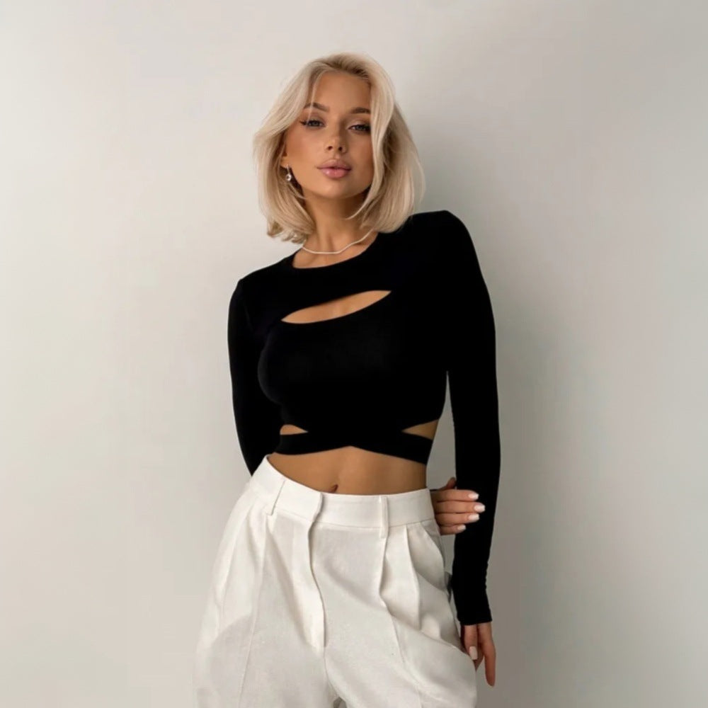 Women’s Slim Fit Hollow Out Crop Top | Round Neck | Strap | Chic