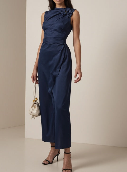 Women’s Satin Maxi Dress With Floral Shoulder Detail | Elegant | Evening | Chic