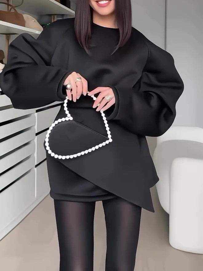 Women’s Oversized Asymmetrical Mini Dress | Puffed Sleeve | Black | Chic