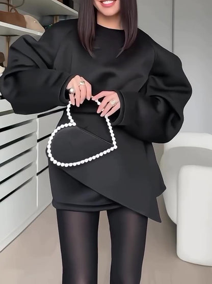Women’s Oversized Asymmetrical Mini Dress | Puffed Sleeve | Black | Chic