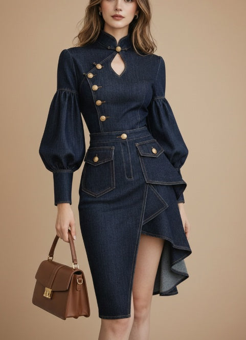 Women’s Indigo Denim Midi Dress | Bishop Sleeve | Military Detail | Chic