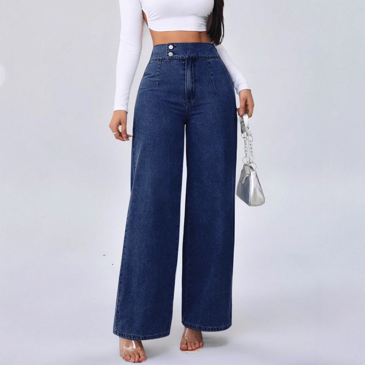 Women’s High Waist Wide Leg Jeans Bottoms | Retro | Deep Blue | Casual