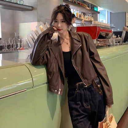 Women’s Long Sleeve Leather Coat Outerwear | Retro | Chic | Casual