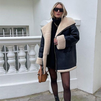 Women’s Leather Coat Outerwear | Fur Collar | Cashmere | Elegant