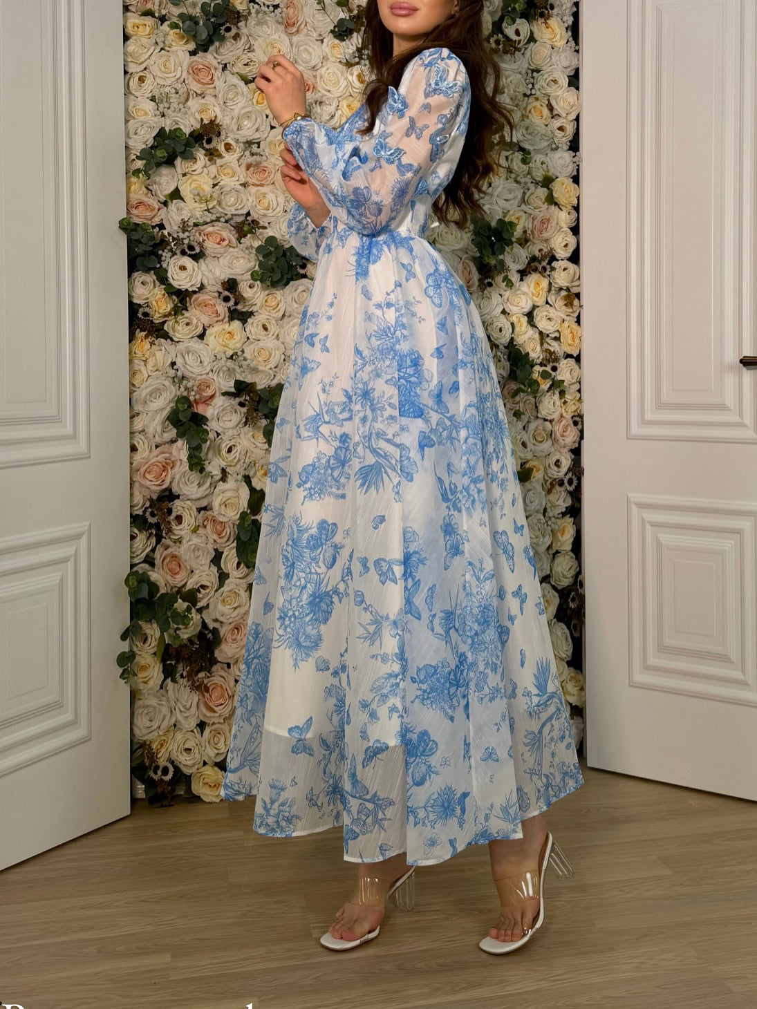 Women’s Butterfly Print V Neck Maxi Dress | Long Sleeve | Casual | Chic