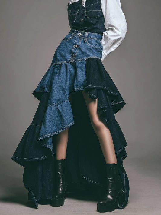 Women’s Two Tone Denim Ruffle Skirt Bottoms | High Waist | Asymmetric | Chic