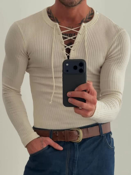 Men’s Ribbed Knit Lace Up V Neck Top | Beige | Long Sleeve | Casual