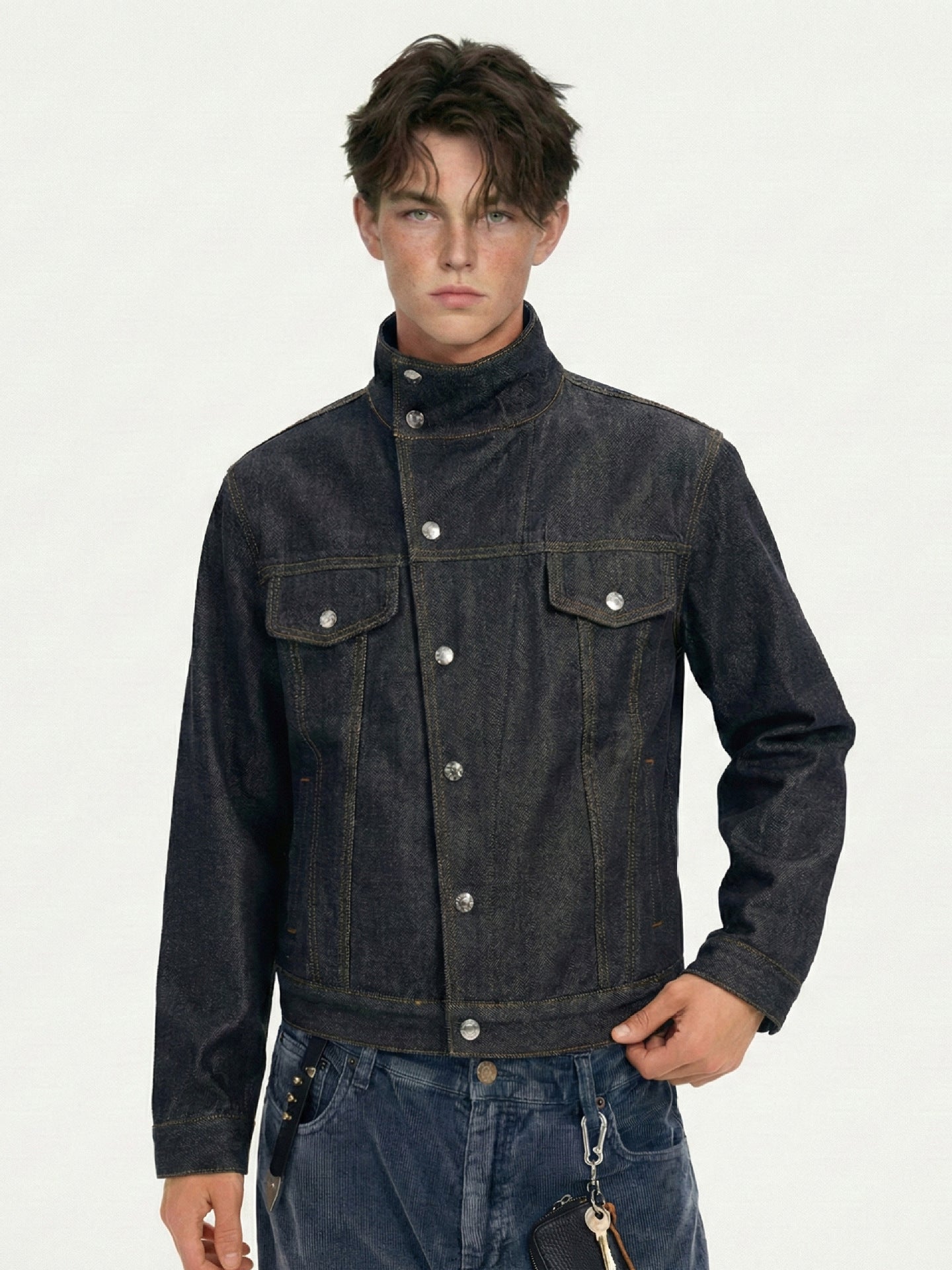 Men’s Stand Collar Denim Jacket Outerwear | Dark Indigo | Casual | Streetwear