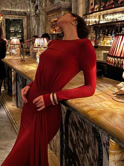 Women’s Backless Chain Long Sleeve Maxi Dress | Burgundy Red | Elegant | Party