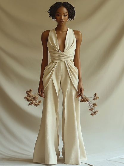 Women’s V Neck Sleeveless Pleated Jumpsuit | Apricot | Elegant | Chic