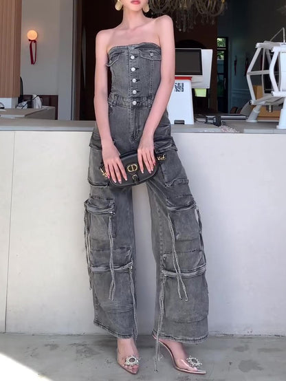 Women’s Denim Tube Jumpsuit | Strapless | Single Breasted | Chic