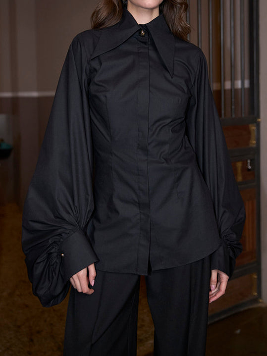 Women’s Oversized Collar Balloon Sleeve Shirt Top | Black | Chic | Casual