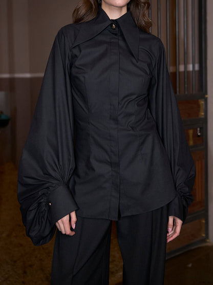 Women’s Oversized Collar Balloon Sleeve Shirt Top | Black | Chic | Casual
