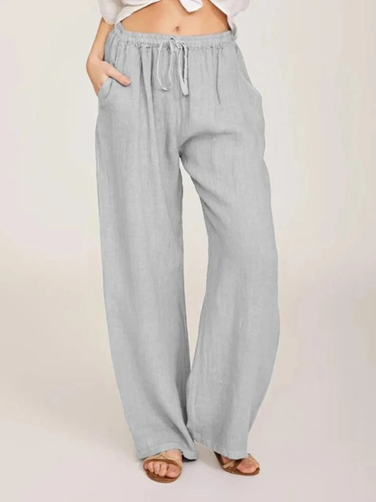 Women’s Cotton Linen Bottom – Solid High Waist Wide Leg Pants, Casual Loose Breathable Yoga Trousers