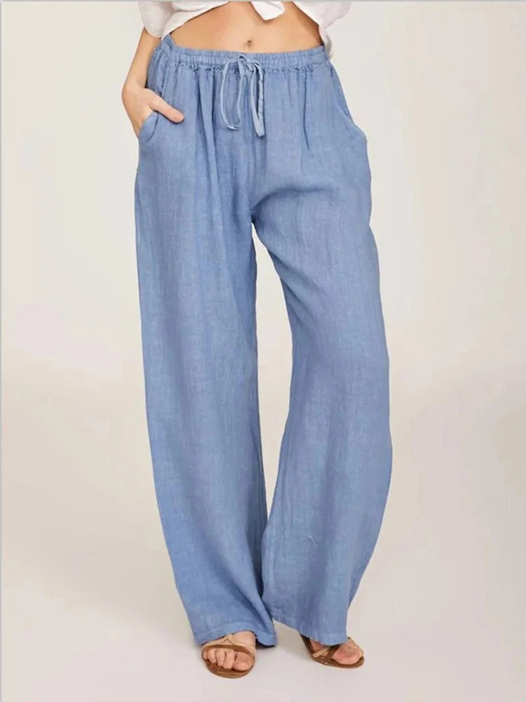 Women’s Cotton Linen Bottom – Solid High Waist Wide Leg Pants, Casual Loose Breathable Yoga Trousers