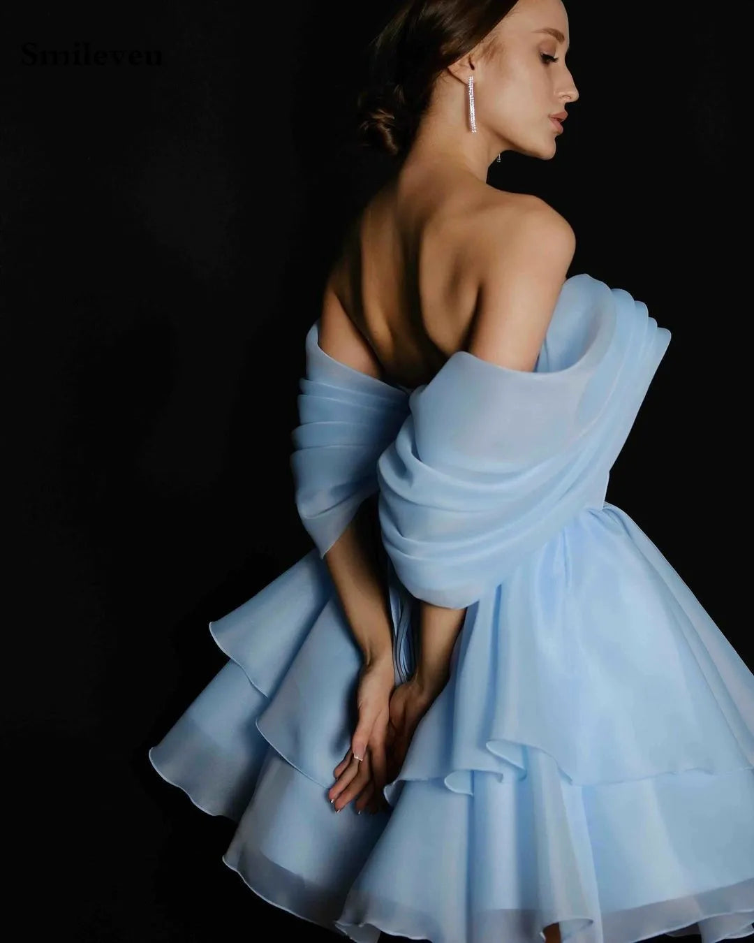 Women’s Sky Blue Elegant Off-Shoulder Prom Dress – Organza Pleated Midi Evening Gown