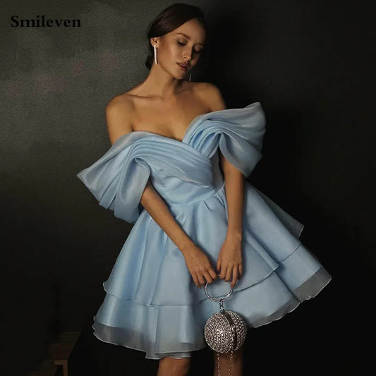 Women’s Sky Blue Elegant Off-Shoulder Prom Dress – Organza Pleated Midi Evening Gown