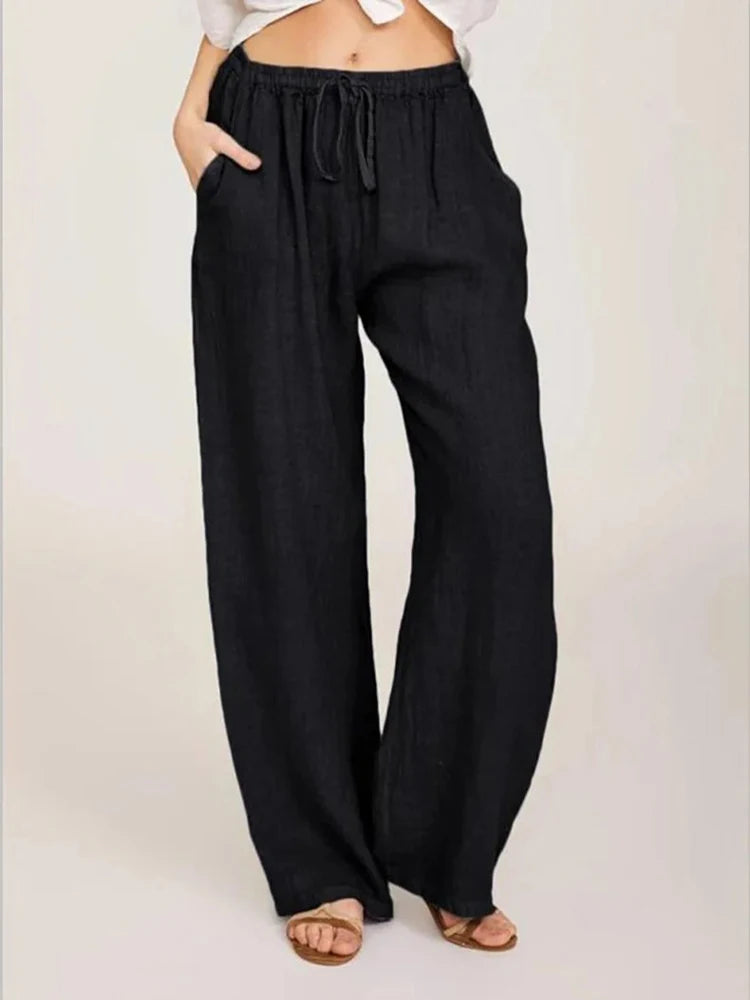 Women’s Cotton Linen Bottom – Solid High Waist Wide Leg Pants, Casual Loose Breathable Yoga Trousers