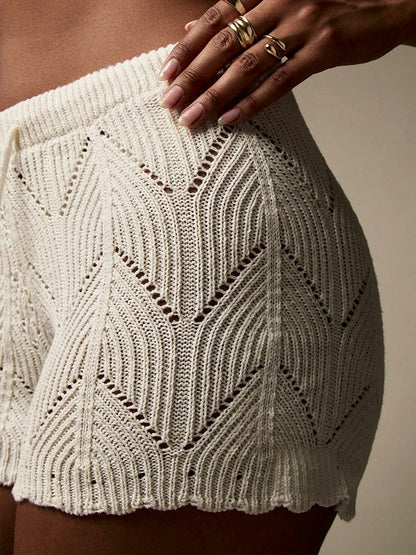 Women’s Handmade Crochet Knit Drawstring Shorts – Comfortable Casual Beach Cover-Up Summer Bottoms