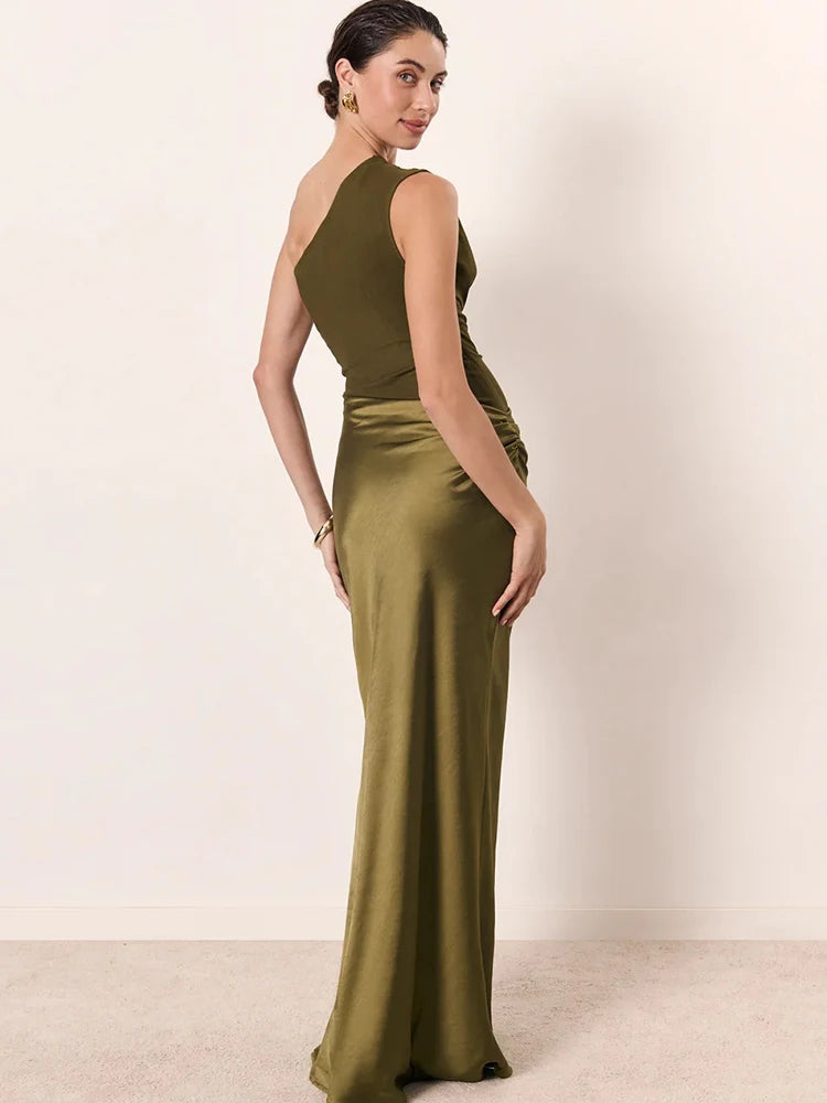 Women’s One-Shoulder Satin Maxi Dress – Elegant Evening Party Gown