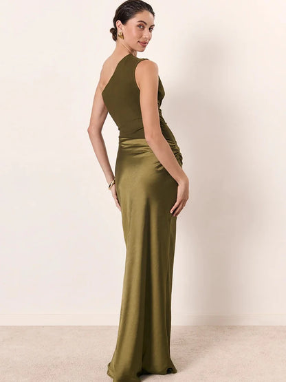 Women’s One-Shoulder Satin Maxi Dress – Elegant Evening Party Gown