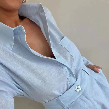 Women’s Button Casual Summer Set | Simple Long Sleeve Shirt Style Matching Set