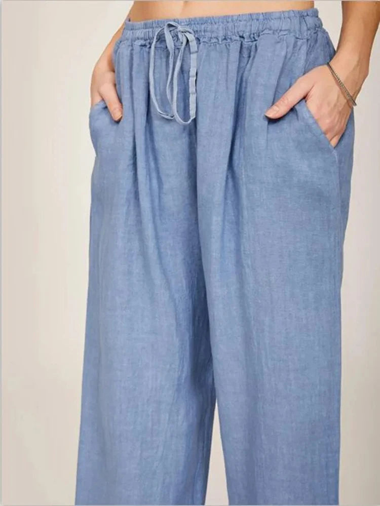 Women’s Cotton Linen Bottom – Solid High Waist Wide Leg Pants, Casual Loose Breathable Yoga Trousers