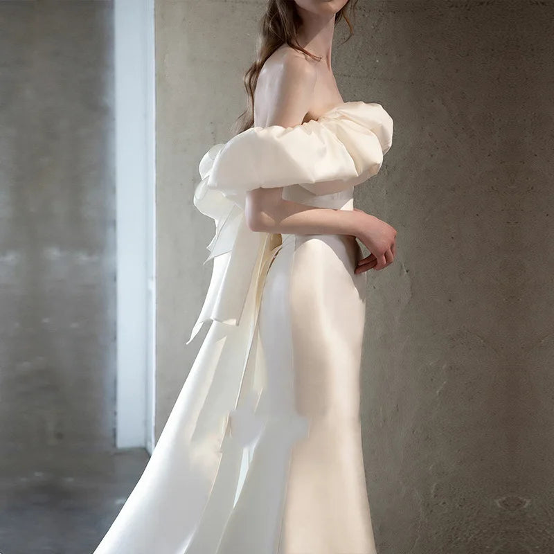 Women’s Elegant Satin Maxi Dress – Lace Waistline, Wrap Style, High-Quality Spring Bridal Gown