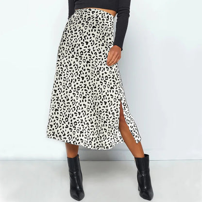 Women’s Sexy Leopard Print Split Skirt Bottom – Casual Fashion Long Zip Elegant Summer Skirt