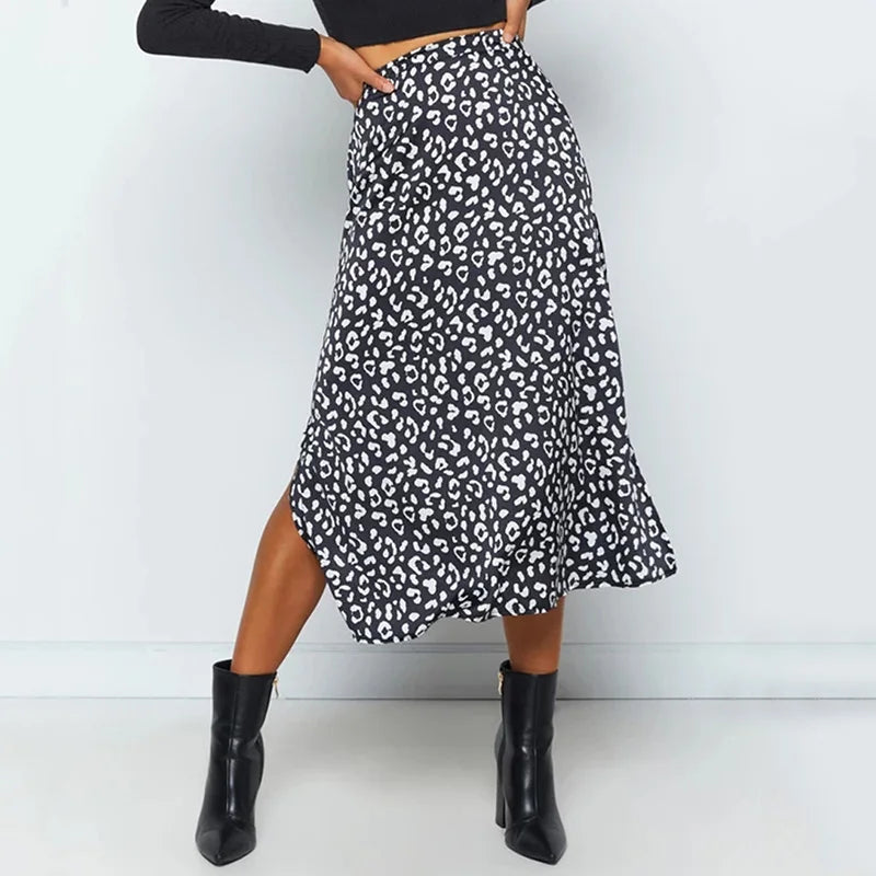 Women’s Sexy Leopard Print Split Skirt Bottom – Casual Fashion Long Zip Elegant Summer Skirt