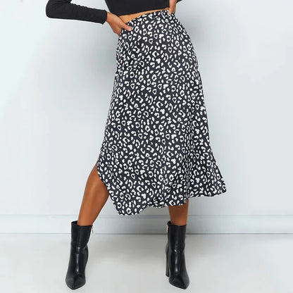 Women’s Sexy Leopard Print Split Skirt Bottom – Casual Fashion Long Zip Elegant Summer Skirt