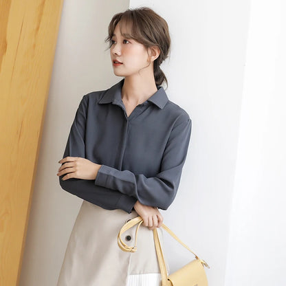 Women’s Simplicity Solid Chiffon Shirt – Casual Long Sleeve Office Blouse OL Tops