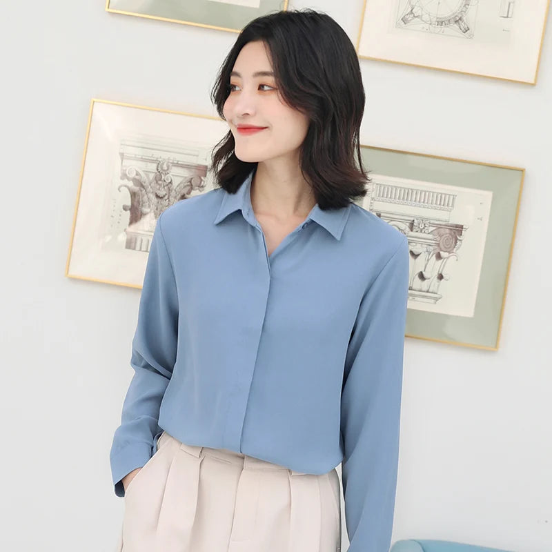 Women’s Simplicity Solid Chiffon Shirt – Casual Long Sleeve Office Blouse OL Tops