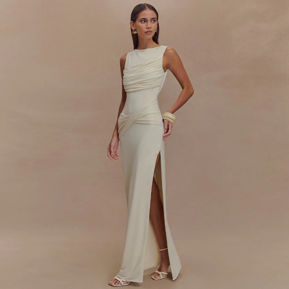 Women’s Pleated Sleeveless Maxi Dress – Elegant Evening Round Neck Slim Fit Summer 2025 Fashion Dress