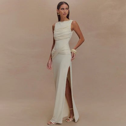 Women’s Pleated Sleeveless Maxi Dress – Elegant Evening Round Neck Slim Fit Summer 2025 Fashion Dress