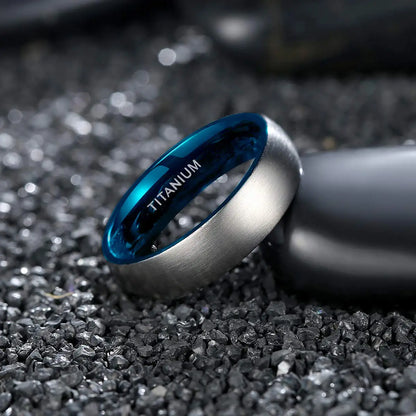 Men’s Titanium Ring – Silver 6mm Band with Black & Blue Interior Jewelry