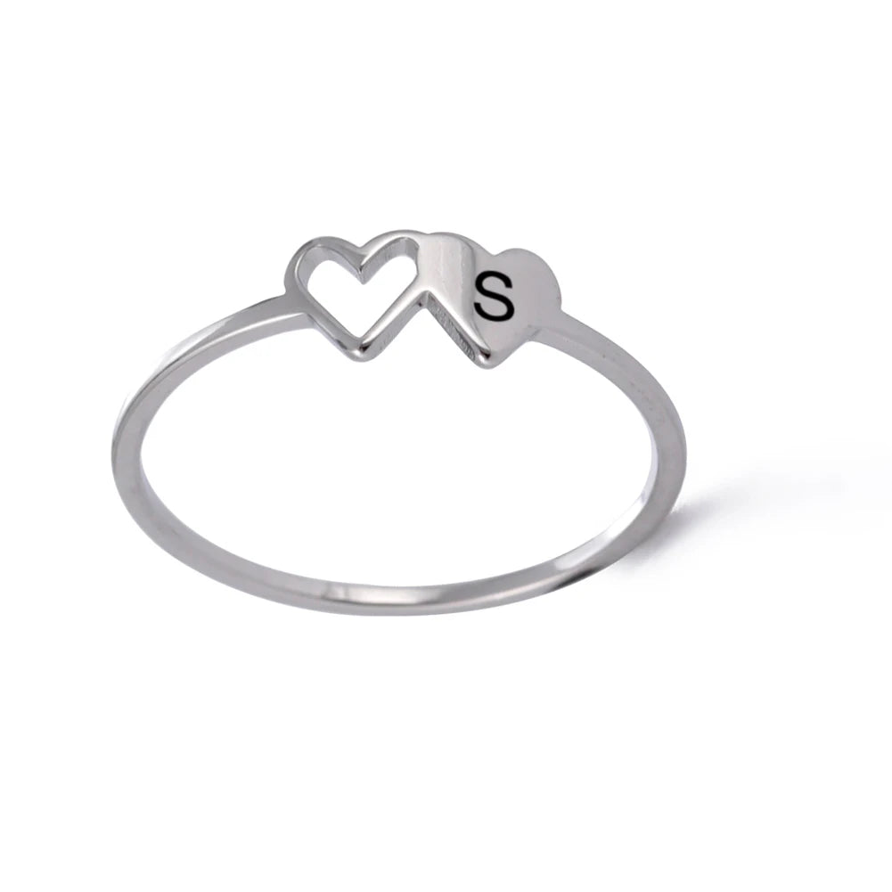 Women’s Stainless Steel Initial Ring – A–Z Alphabet Double Heart Design Jewelry