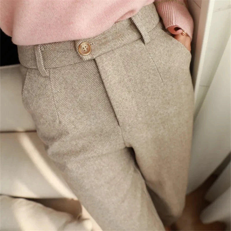 Women’s High-Waist Woolen Suit Pants – Trousers for Autumn & Winter Office Wear