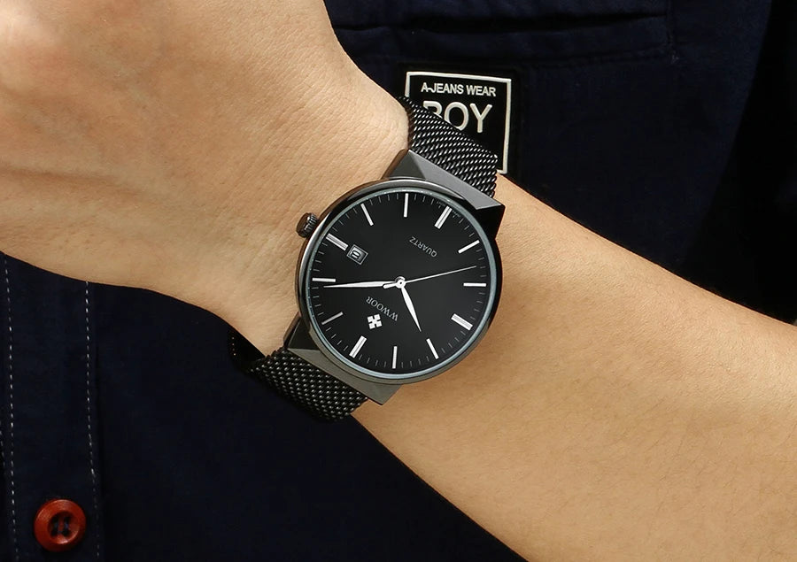 Men’s Ultra-Thin Gold Mesh Watch –Luxury Stainless Steel Waterproof Wristwatch with Date Display