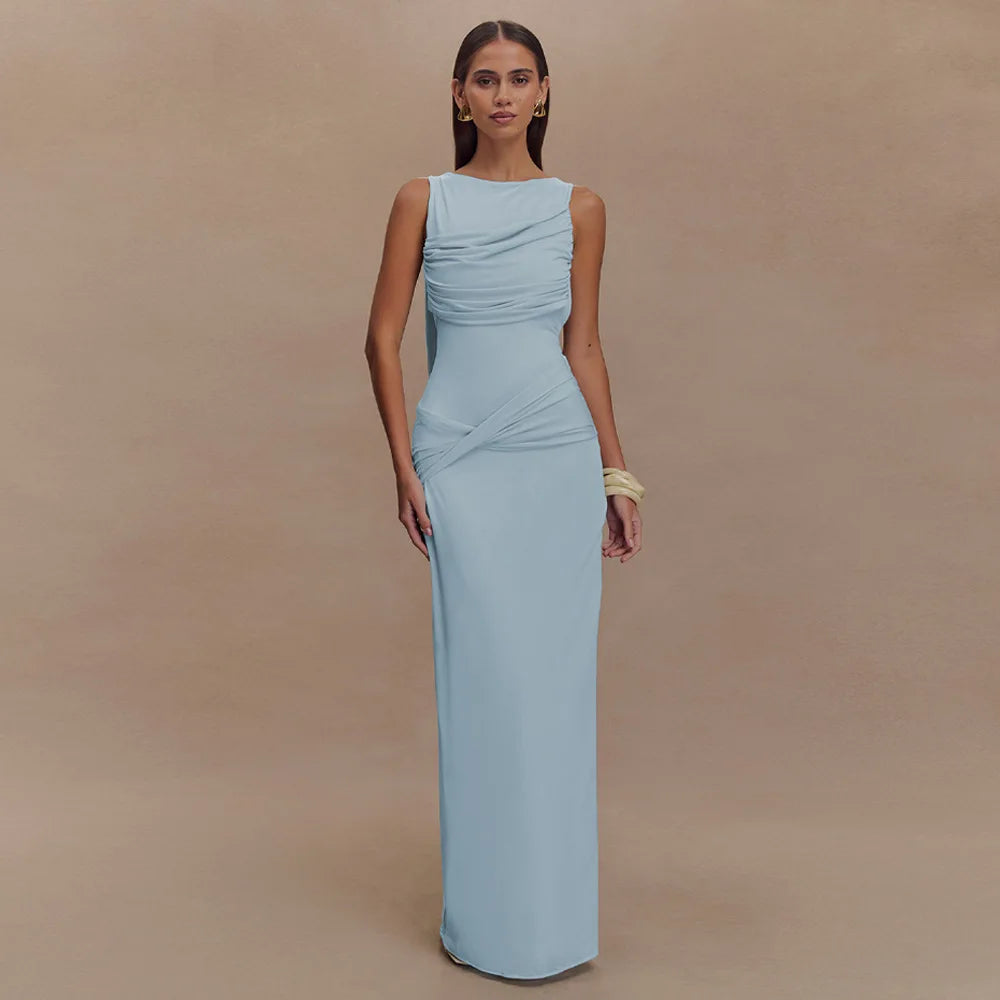 Women’s Pleated Sleeveless Maxi Dress – Elegant Evening Round Neck Slim Fit Summer 2025 Fashion Dress