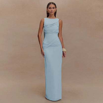 Women’s Pleated Sleeveless Maxi Dress – Elegant Evening Round Neck Slim Fit Summer 2025 Fashion Dress