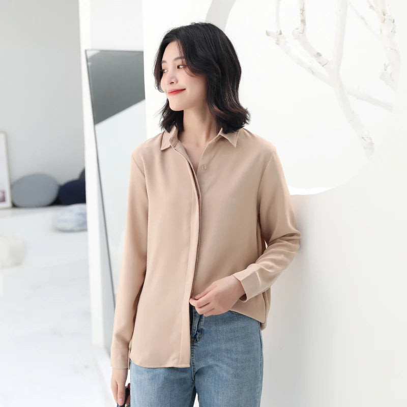 Women’s Simplicity Solid Chiffon Shirt – Casual Long Sleeve Office Blouse OL Tops