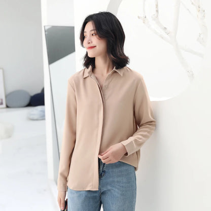 Women’s Simplicity Solid Chiffon Shirt – Casual Long Sleeve Office Blouse OL Tops